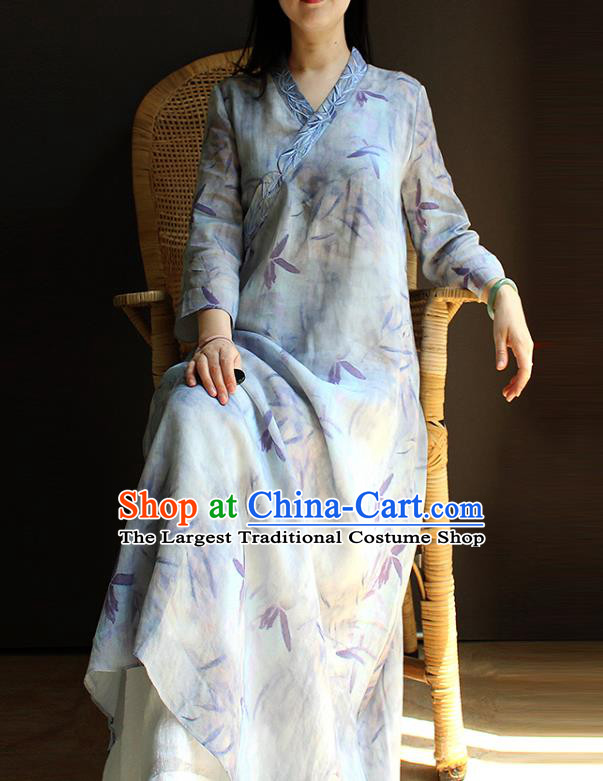 China Classical Printing Light Blue Cheongsam National Women Clothing Traditional Slant Opening Qipao Dress