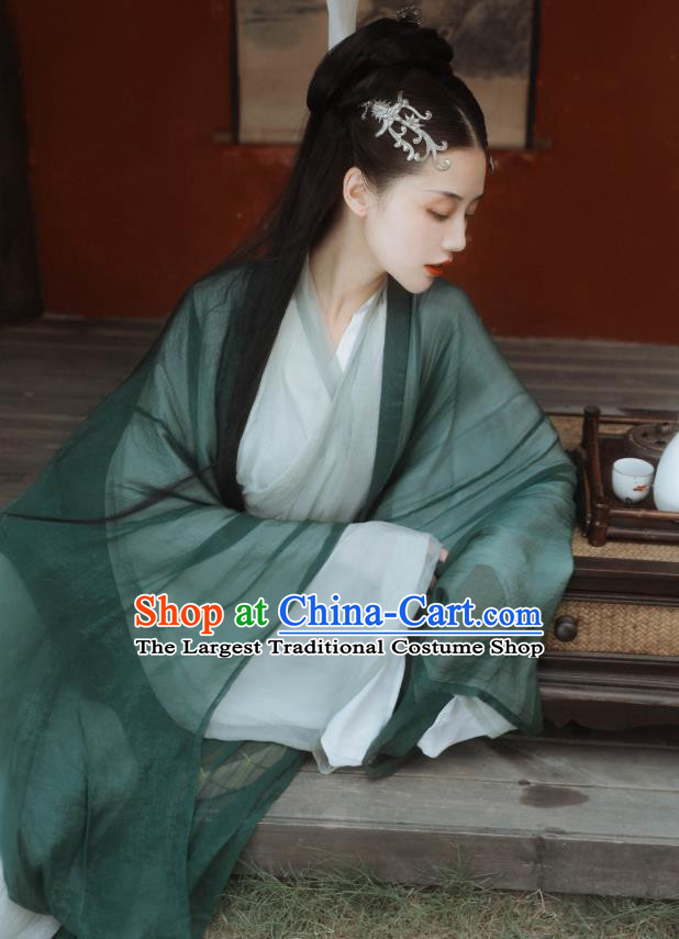China Ancient Female Swordsman Green Hanfu Dress Traditional Jin Dynasty Young Beauty Historical Clothing