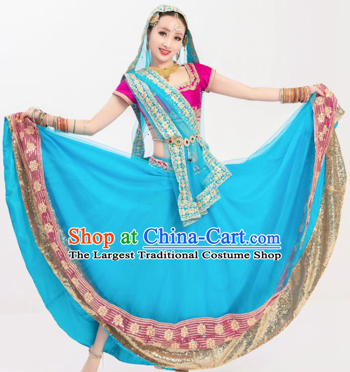Asian India Traditional Bollywood Dance Costumes Indian Stage Performance Rosy Blouse and Blue Skirt Lehenga Clothing