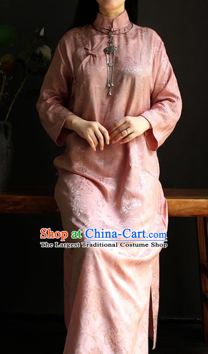 China Classical Pink Silk Cheongsam National Women Clothing Traditional Stand Collar Qipao Dress