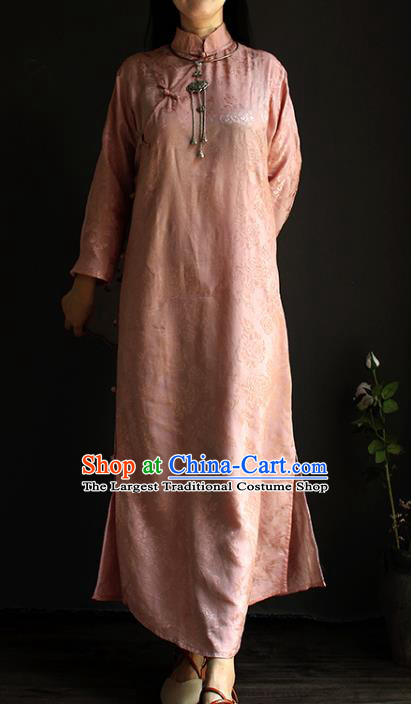 China Classical Pink Silk Cheongsam National Women Clothing Traditional Stand Collar Qipao Dress
