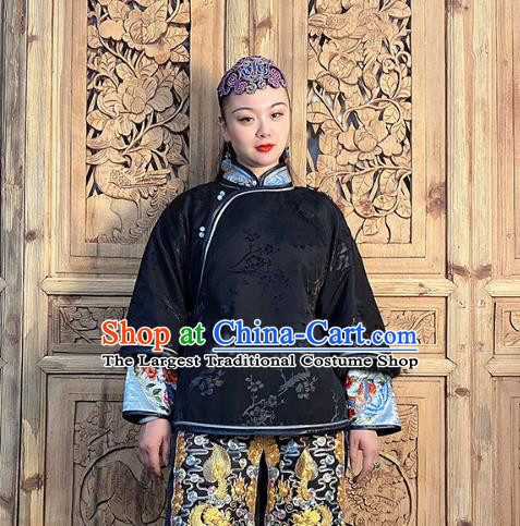 Chinese Traditional Tang Suit Outer Garment Short Coat Hand Embroidery Black Silk Cotton Wadded Jacket