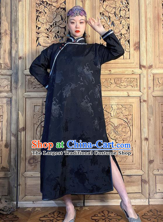 China Black Silk Qipao Dress Traditional Women Clothing Classical Kylin Pattern Cheongsam