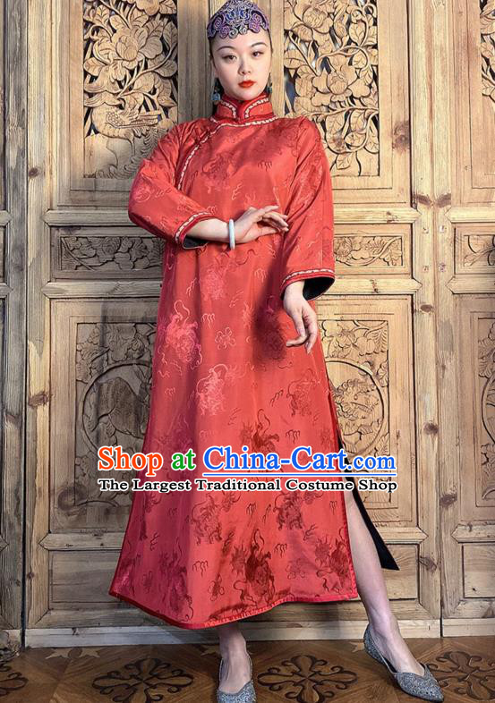 China Traditional Women Clothing Classical Kylin Pattern Cheongsam Red Silk Qipao Dress