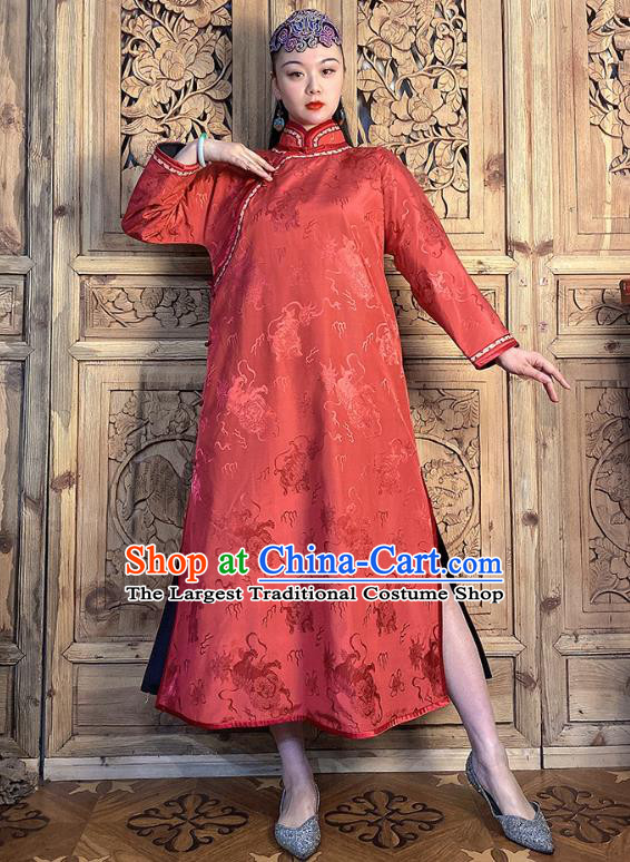 China Traditional Women Clothing Classical Kylin Pattern Cheongsam Red Silk Qipao Dress