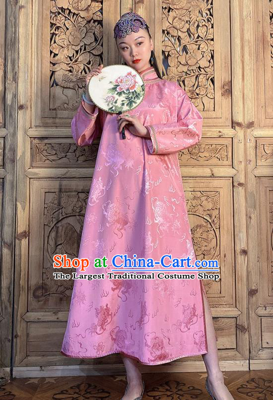 China Classical Loose Cheongsam Traditional Pink Silk Qipao Dress Women Clothing