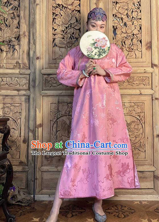 China Classical Loose Cheongsam Traditional Pink Silk Qipao Dress Women Clothing