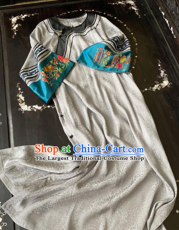 China National Women Costume Loose Cheongsam Hand Embroidered Grey Silk Qipao Dress