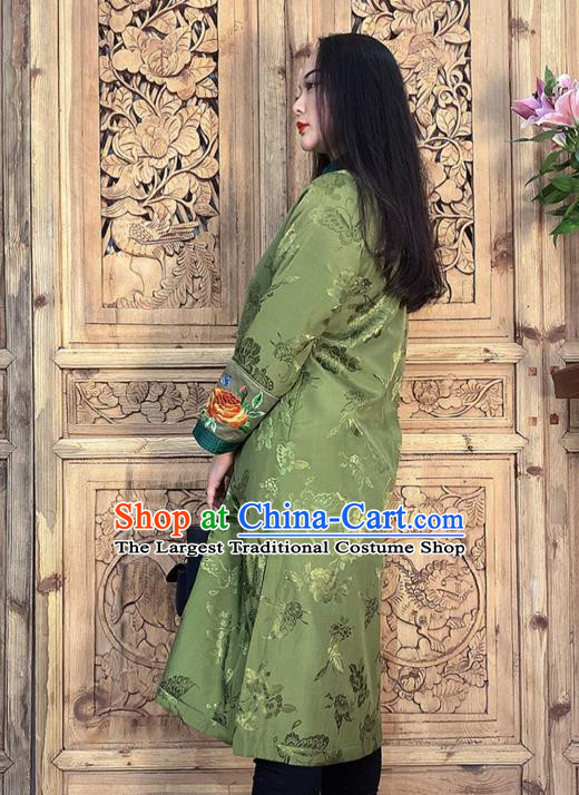 Chinese Embroidery Green Silk Long Gown Traditional Tang Suit Outer Garment Dust Coat