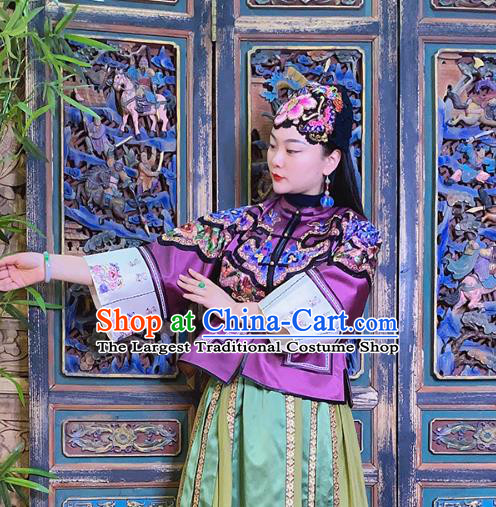 Chinese National Tang Suit Outer Garment Traditional Embroidered Purple Silk Jacket