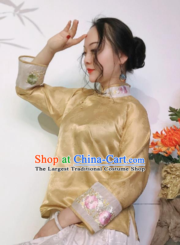 Chinese National Cheongsam Shirt Traditional Embroidered Light Golden Silk Blouse
