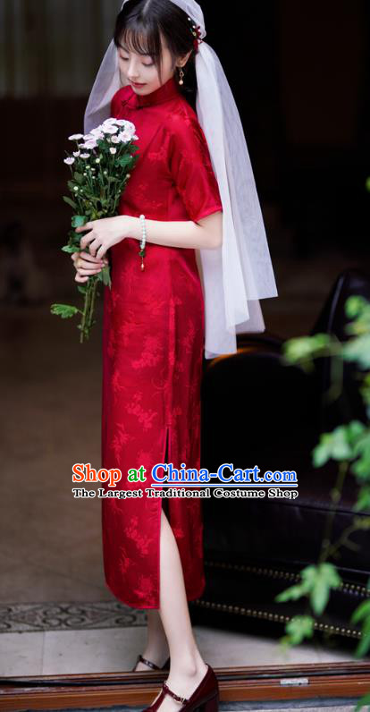China National Women Costume Bride Cheongsam Classical Wedding Red Silk Qipao Dress