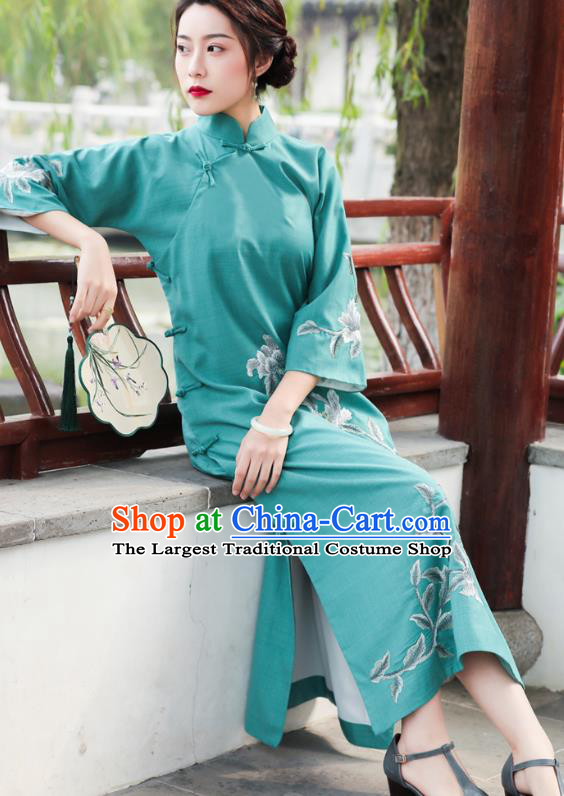 China National Clothing Traditional Cheongsam Classical Embroidered Peony Green Qipao Dress