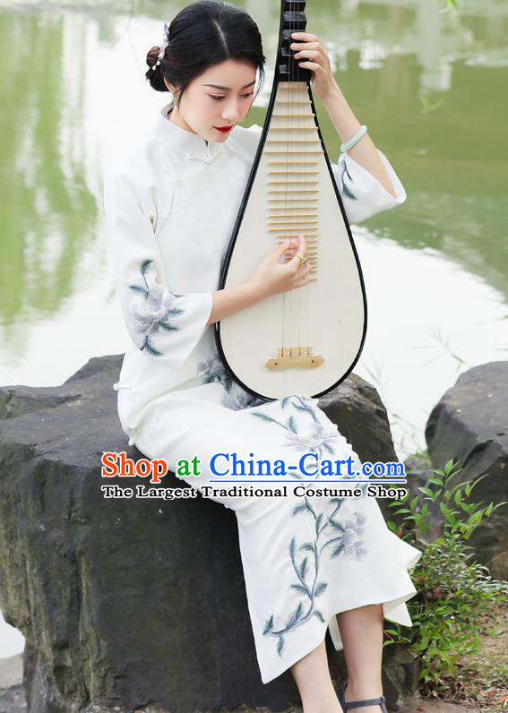 China Classical Embroidered Peony White Qipao Dress National Clothing Traditional Cheongsam