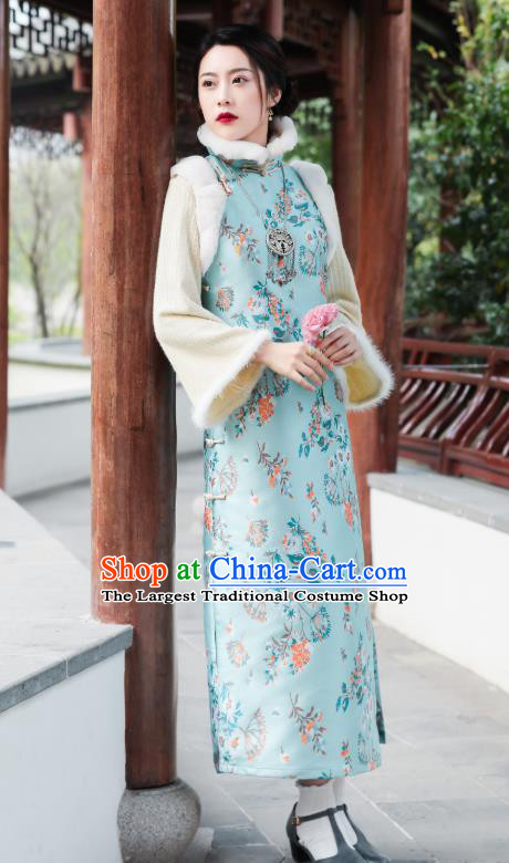 China National Winter Clothing Traditional Light Blue Cheongsam Classical Printing Qipao Dress