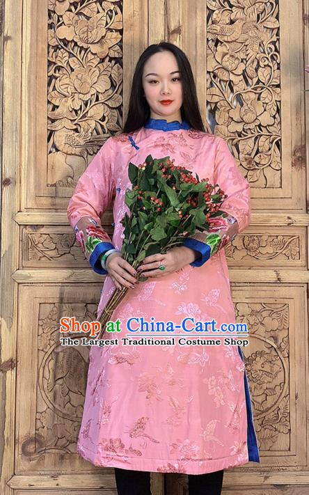 Chinese Woman Dust Coat Embroidery Pink Silk Long Gown Traditional Tang Suit Outer Garment