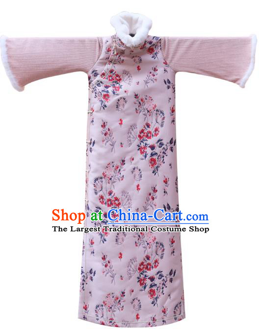 China Classical Printing Qipao Dress National Winter Clothing Traditional Pink Cheongsam