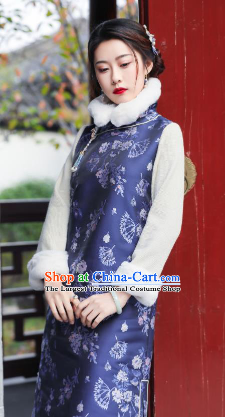 China Traditional Young Mistress Cheongsam Classical Navy Blue Silk Qipao Dress National Winter Clothing