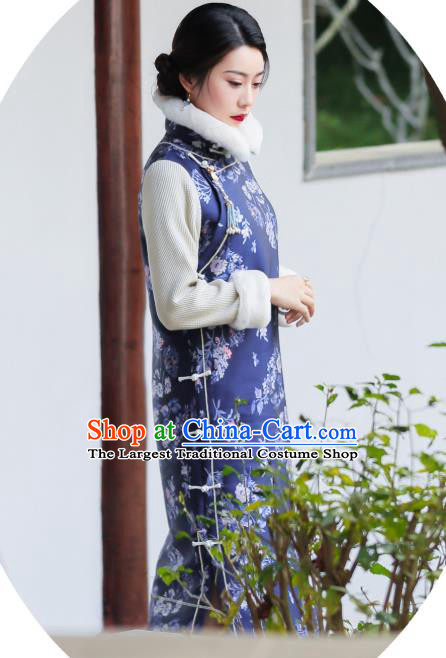 China Traditional Young Mistress Cheongsam Classical Navy Blue Silk Qipao Dress National Winter Clothing