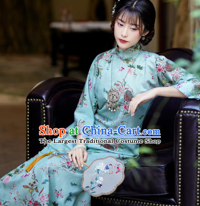 China Classical Green Qipao Dress National Retro Clothing Traditional Printing Flowers Cheongsam