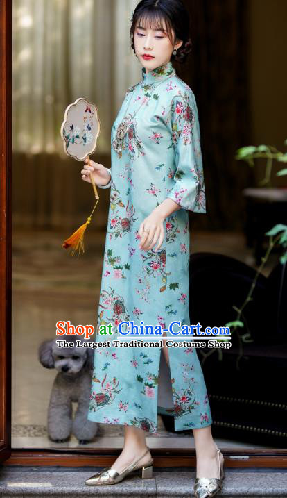 China Classical Green Qipao Dress National Retro Clothing Traditional Printing Flowers Cheongsam