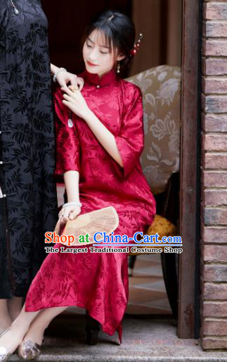 China Red Silk Cheongsam Traditional Stand Collar Qipao Dress Classical Wedding Clothing