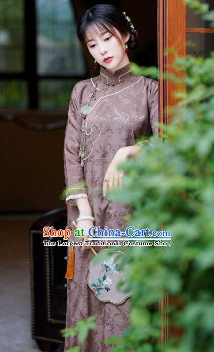 Republic of China Traditional Stand Collar Qipao Dress Classical Clothing Brown Silk Cheongsam