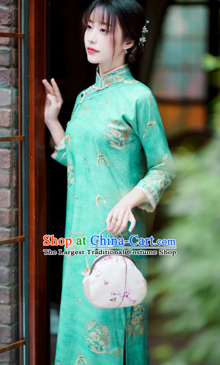 Republic of China Traditional Printing Green Qipao Dress Classical Clothing Rich Lady Cheongsam