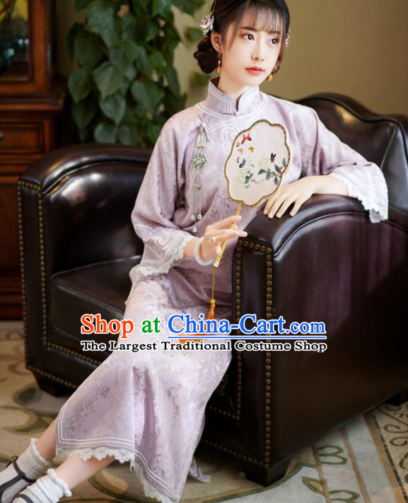 Republic of China Classical Clothing Rich Lady Cheongsam Traditional Purple Silk Qipao Dress