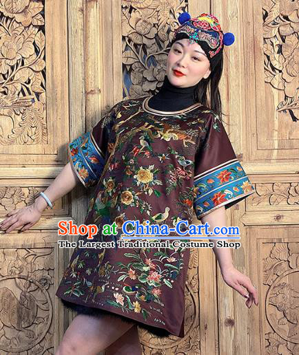 China National Ethnic Clothing Traditional Embroidered Flowers Bird Dark Purple Silk Dress