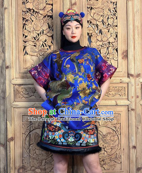China Traditional Embroidered Flowers Bird Royalblue Silk Dress National Ethnic Clothing