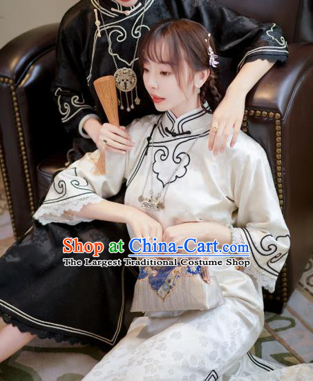 Republic of China Rich Lady Cheongsam Traditional White Silk Qipao Dress Classical Clothing