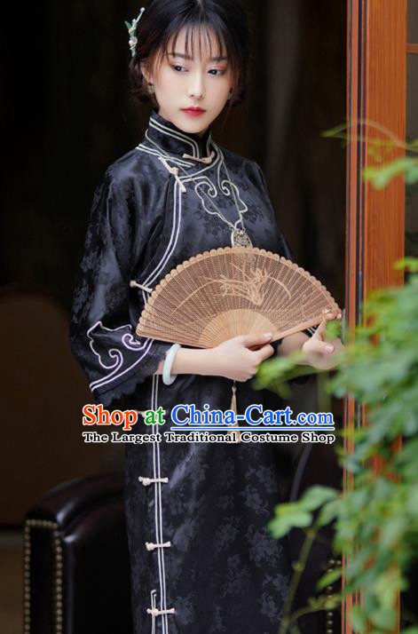 Republic of China Traditional Black Silk Qipao Dress Classical Clothing Rich Lady Cheongsam