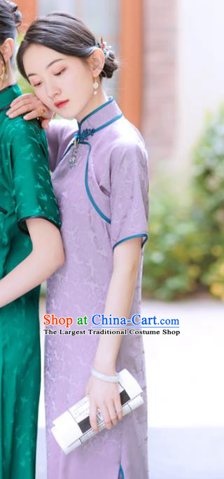 China Traditional Young Lady Lilac Silk Qipao Dress Classical Dance Cheongsam Clothing