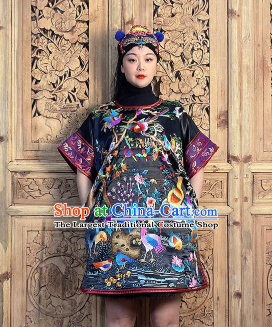 China National Ethnic Girl Costume Hand Embroidered Black Silk Short Dress