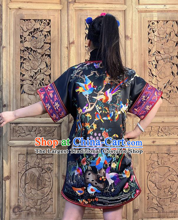 China National Ethnic Girl Costume Hand Embroidered Black Silk Short Dress