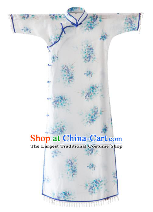 China Classical Cheongsam Clothing Traditional Printing White Qipao Dress for Rich Lady
