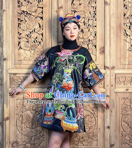 China National Embroidered Costume Hand Embroidered Peony Flowers Black Silk Dress