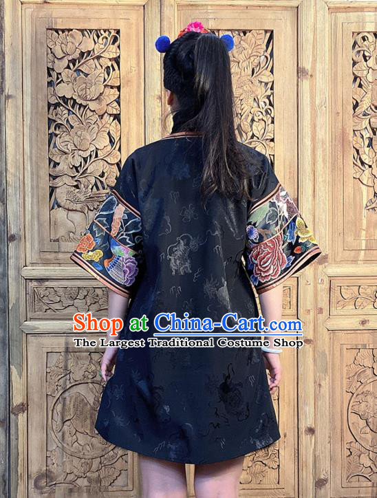China National Embroidered Costume Hand Embroidered Peony Flowers Black Silk Dress