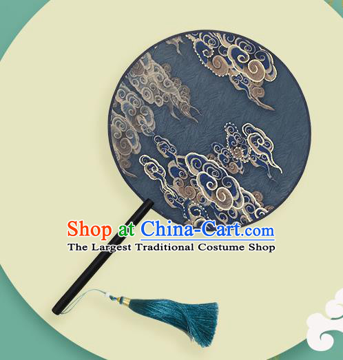China Handmade Circular Fan Printing Clouds Fan Classical Navy Silk Fan