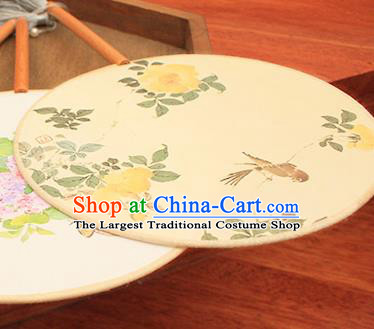 China Classical Circular Fan Handmade Printing Peony Bird Beige Silk Fan Traditional Palace Fan