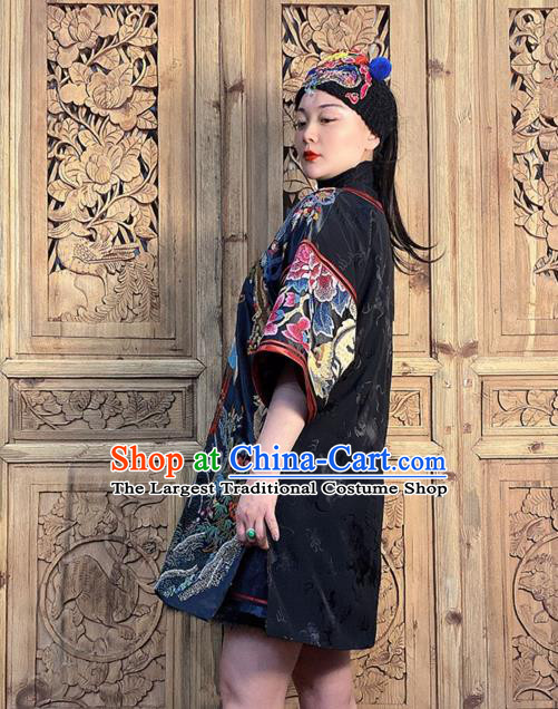 China Hand Embroidery Crane Peony Black Silk Dress National Ethnic Embroidered Costume