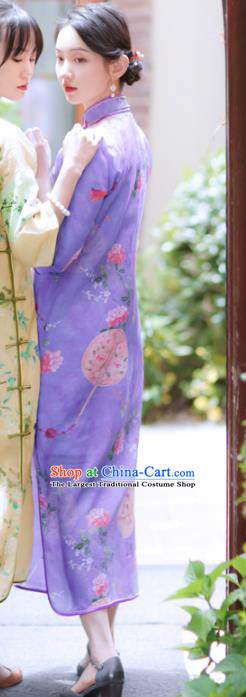 Republic of China Classical Printing Flowers Cheongsam Traditional Young Lady Violet Qipao Dress
