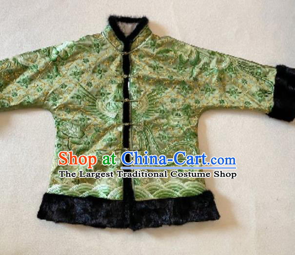 Chinese Light Green Silk Cotton Wadded Jacket National Costume Embroidered Phoenix Coat Winter Outer Garment