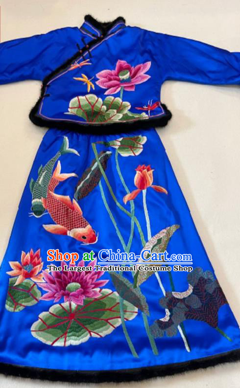 Chinese Traditional Embroidered Costumes Hand Embroidery Lotus Royalblue Silk Cotton Wadded Jacket and Skirt