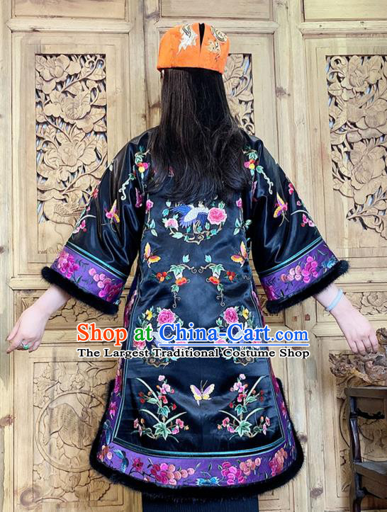 Chinese Traditional Tang Suit Black Silk Clothing Woman Embroidered Peony Butterfly Cotton Wadded Coat