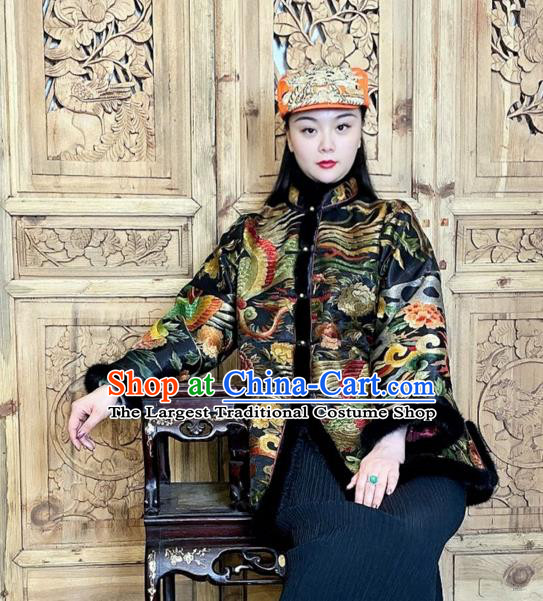 Chinese Traditional Embroidered Black Silk Clothing Woman Embroidered Phoenix Cotton Wadded Jacket