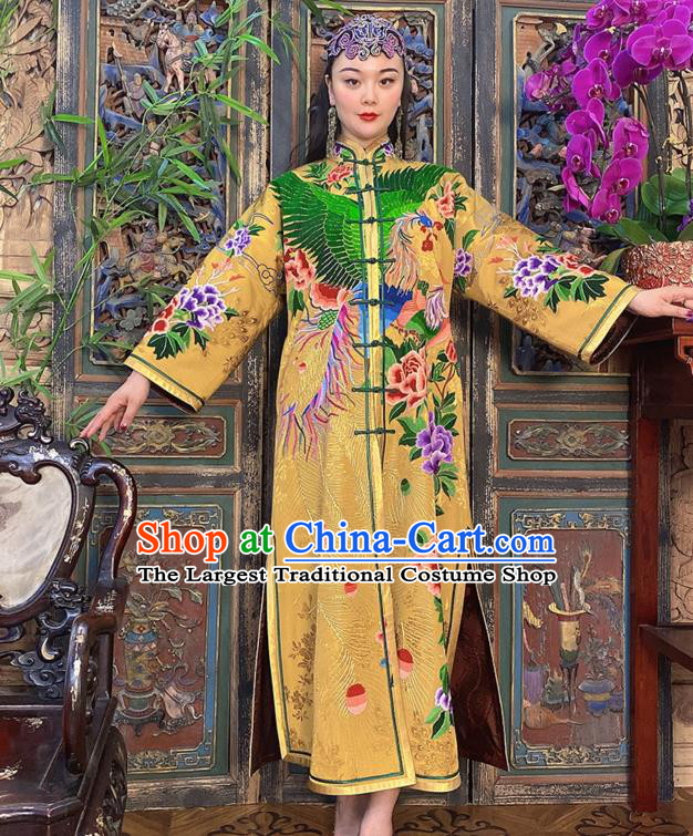 Chinese Traditional Embroidered Long Gown Clothing Embroidered Peacock Peony Yellow Silk Dust Coat