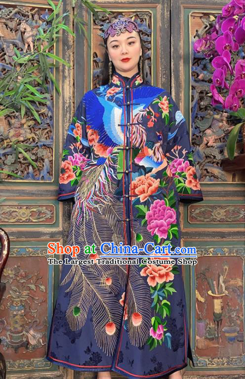 Chinese Embroidered Peacock Peony Navy Silk Dust Coat Traditional Embroidered Long Gown Clothing