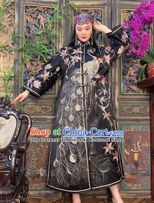Chinese Traditional Embroidered Black Silk Long Gown Clothing Embroidered Peacock Dust Coat